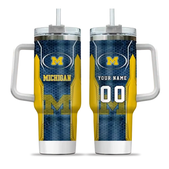 custom michigan wolverines hexagon armor blue curved tumbler best selling.webp