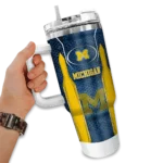 custom michigan wolverines hexagon armor blue curved tumbler best selling.webp
