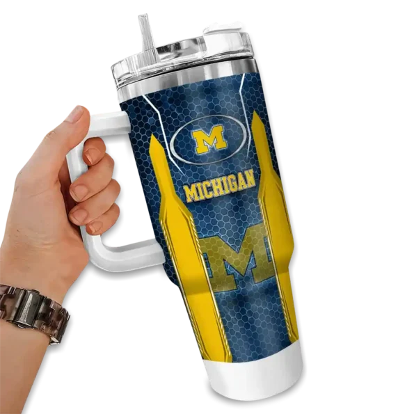 custom michigan wolverines hexagon armor blue curved tumbler fashion forward.webp