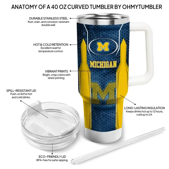 custom michigan wolverines hexagon armor blue curved tumbler new arrival.webp
