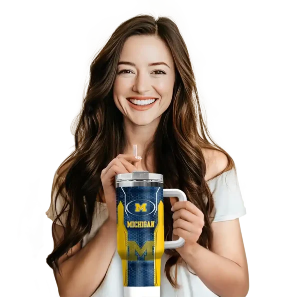 custom michigan wolverines hexagon armor blue curved tumbler premium grade.webp