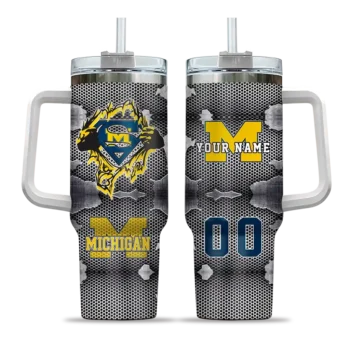 custom michigan wolverines superman shield blue gray curved tumbler best selling.webp