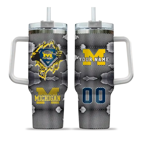 custom michigan wolverines superman shield blue gray curved tumbler best selling.webp