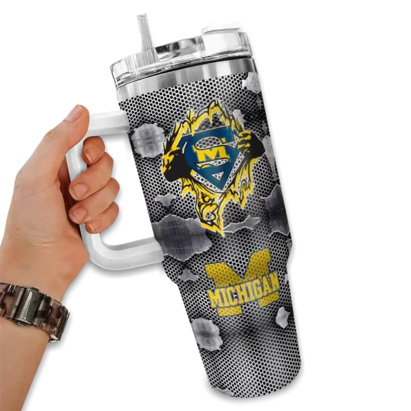 custom michigan wolverines superman shield blue gray curved tumbler fashion forward.webp