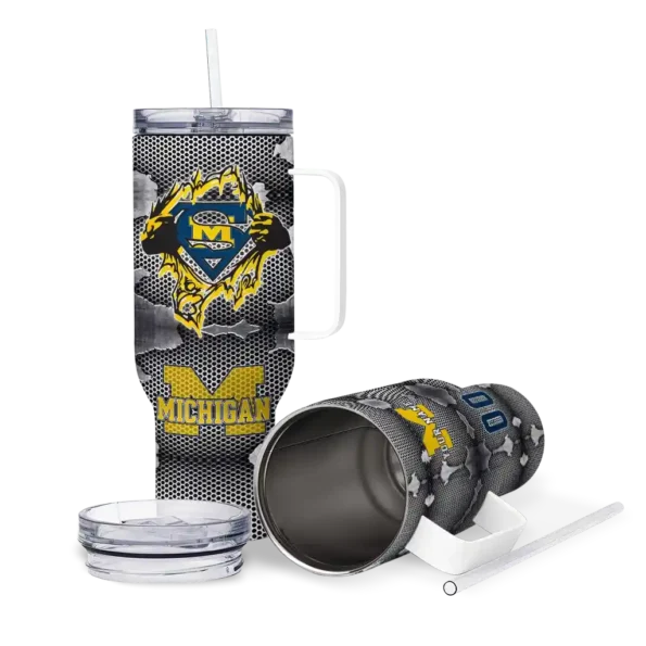custom michigan wolverines superman shield blue gray curved tumbler high quality.webp