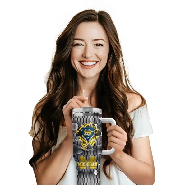 custom michigan wolverines superman shield blue gray curved tumbler premium grade.webp