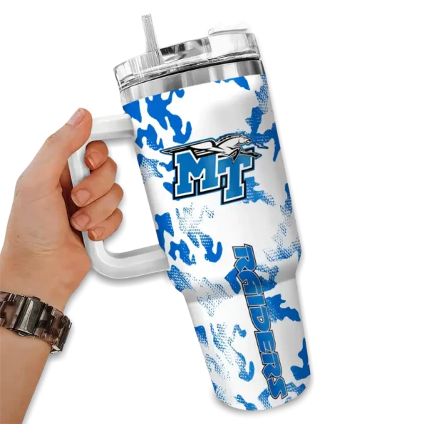 custom middle tennessee blue raiders camo mashup blue white curved tumbler fashion forward.webp