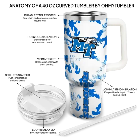 custom middle tennessee blue raiders camo mashup blue white curved tumbler new arrival.webp