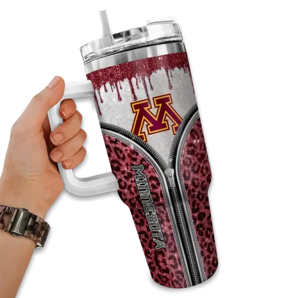 custom minnesota golden gophers leopard zipper maroon curved tumbler fashion forward.webp