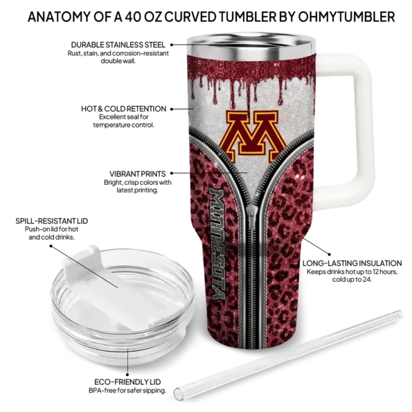 custom minnesota golden gophers leopard zipper maroon curved tumbler new arrival.webp