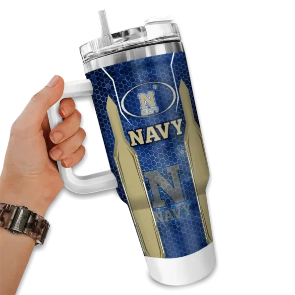 custom navy midshipmen hexagon armor blue curved tumbler fashion forward.webp