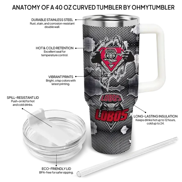 custom new mexico lobos superman shield red gray curved tumbler new arrival.webp