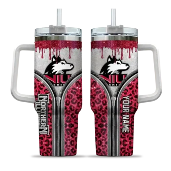 custom northern illinois huskies leopard zipper red curved tumbler best selling.webp