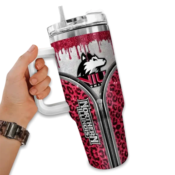 custom northern illinois huskies leopard zipper red curved tumbler fashion forward.webp