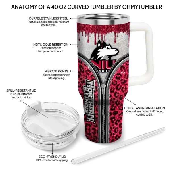 custom northern illinois huskies leopard zipper red curved tumbler new arrival.webp