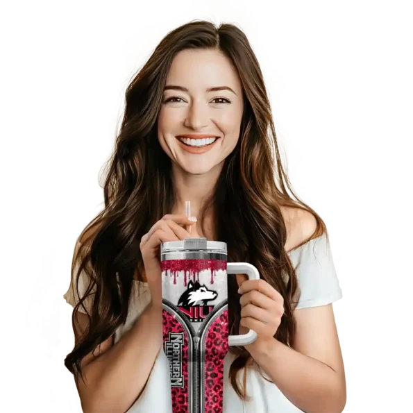 custom northern illinois huskies leopard zipper red curved tumbler premium grade.webp