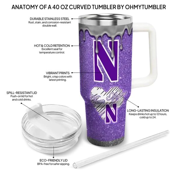 custom northwestern wildcats heart helmet motif purple curved tumbler new arrival.webp
