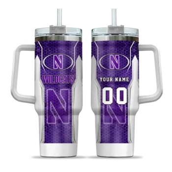 custom northwestern wildcats hexagon armor purple curved tumbler best selling.webp