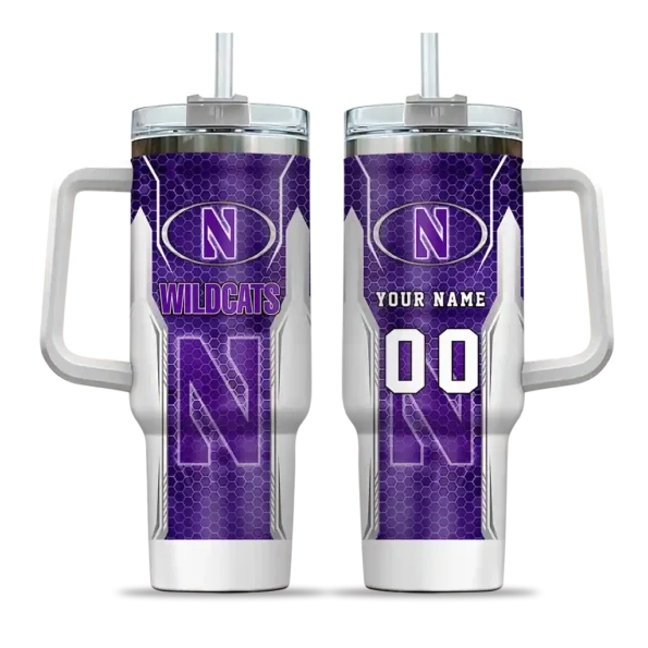 custom northwestern wildcats hexagon armor purple curved tumbler best selling.webp