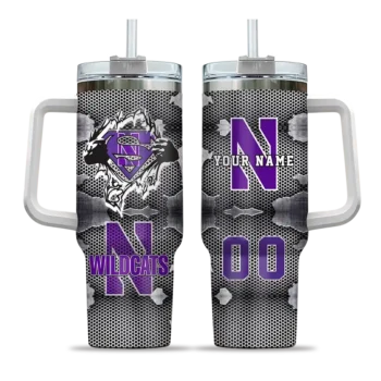 custom northwestern wildcats superman shield purple gray curved tumbler best selling.webp