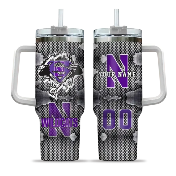 custom northwestern wildcats superman shield purple gray curved tumbler best selling.webp