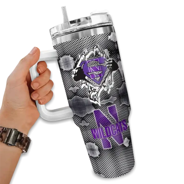 custom northwestern wildcats superman shield purple gray curved tumbler fashion forward.webp