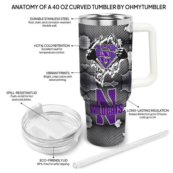 custom northwestern wildcats superman shield purple gray curved tumbler new arrival.webp