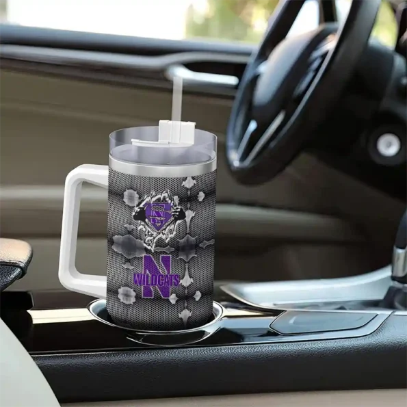 custom northwestern wildcats superman shield purple gray curved tumbler trendy.webp