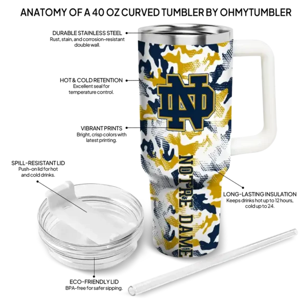 custom notre dame fighting irish camo mashup navy white curved tumbler new arrival.webp