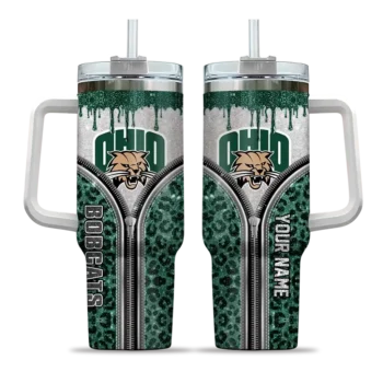 custom ohio bobcats leopard zipper green curved tumbler best selling.webp