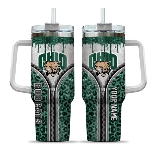 custom ohio bobcats leopard zipper green curved tumbler best selling.webp