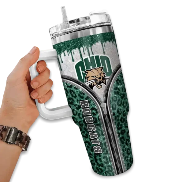 custom ohio bobcats leopard zipper green curved tumbler fashion forward.webp