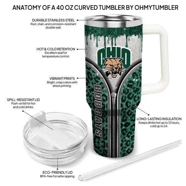 custom ohio bobcats leopard zipper green curved tumbler new arrival.webp