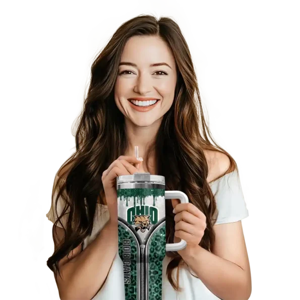 custom ohio bobcats leopard zipper green curved tumbler premium grade.webp