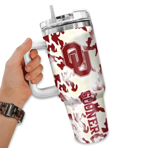 custom oklahoma sooners camo mashup crimson white curved tumbler fashion forward.webp