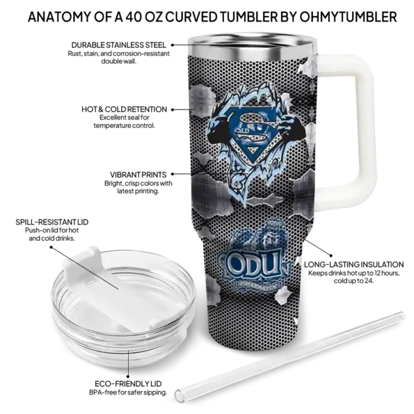 custom old dominion monarchs superman shield blue gray curved tumbler new arrival.webp