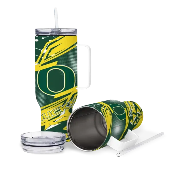 custom oregon ducks abstract paths green curved tumbler high quality.webp