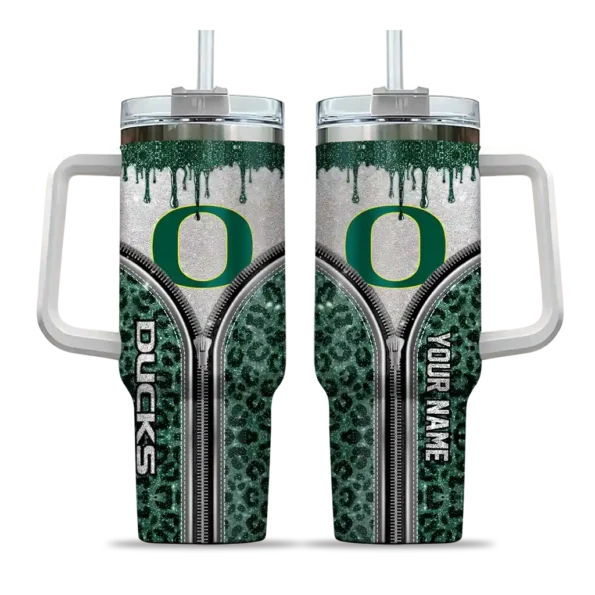 custom oregon ducks leopard zipper green curved tumbler best selling.webp