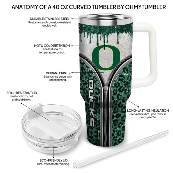 custom oregon ducks leopard zipper green curved tumbler new arrival.webp