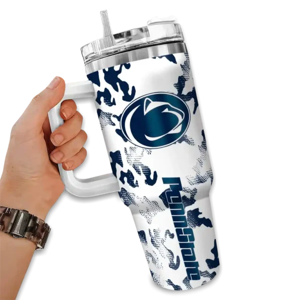 custom penn state nittany lions camo mashup blue white curved tumbler fashion forward.webp