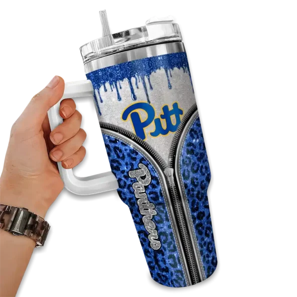custom pittsburgh panthers leopard zipper royal blue curved tumbler fashion forward.webp