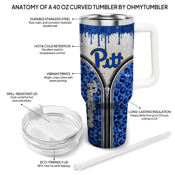 custom pittsburgh panthers leopard zipper royal blue curved tumbler new arrival.webp