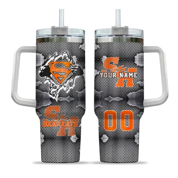 custom sam houston bearkats superman shield orange gray curved tumbler best selling.webp