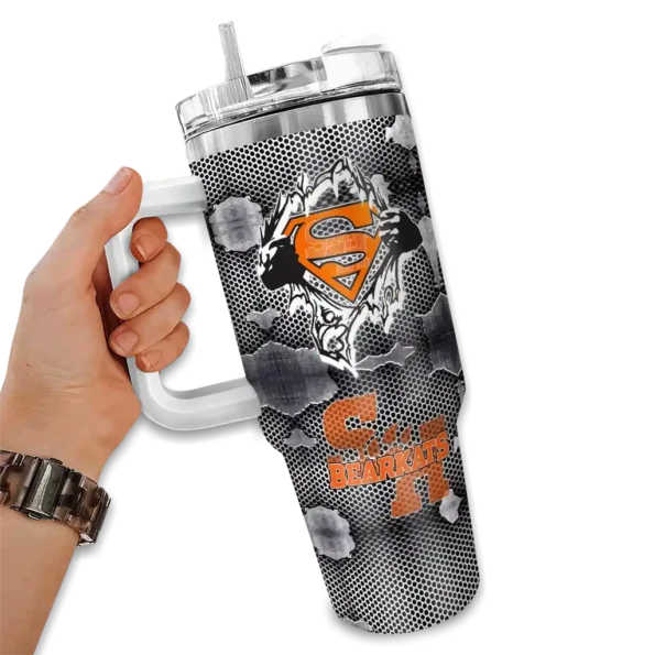 custom sam houston bearkats superman shield orange gray curved tumbler fashion forward.webp