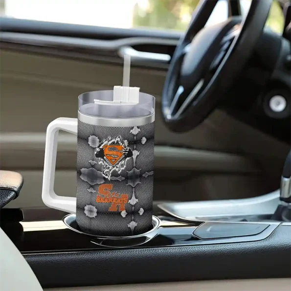 custom sam houston bearkats superman shield orange gray curved tumbler trendy.webp