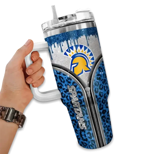 custom san jose state spartans leopard zipper blue curved tumbler fashion forward.webp