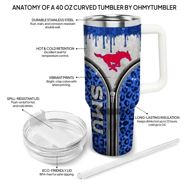 custom smu mustangs leopard zipper blue curved tumbler new arrival.webp