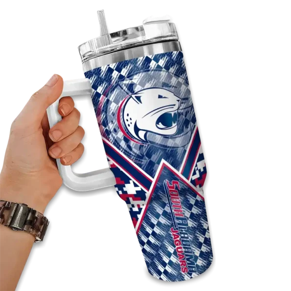 custom south alabama jaguars chevron angle blue curved tumbler fashion forward.webp