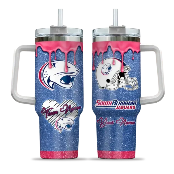 custom south alabama jaguars heart helmet motif blue curved tumbler best selling.webp