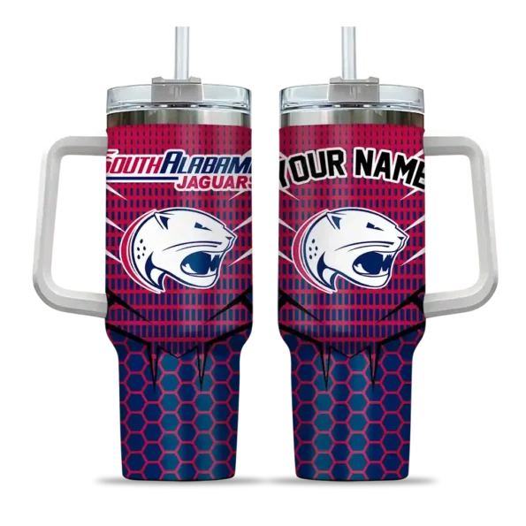 custom south alabama jaguars hex texture blue curved tumbler best selling.webp